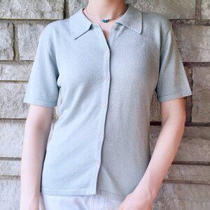 Vintage "90s-Does-70s" Rain Blue Knit Button Down Blouse